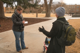 Photojournalist Amy Millward, left, practices her interviewing techniques with English professor Jessica Winston, Thursday, Jan. 30, 2014, on the Idaho State University campus in Pocatello, Idaho. Millward was participating in an applied exercise for her photo media class. (ISU Photo/Terry Ownby)