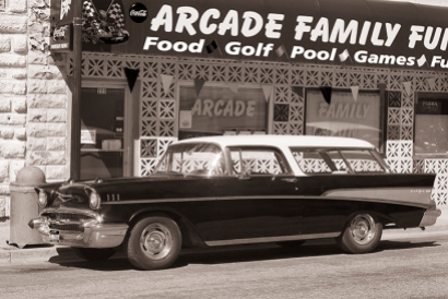 Outside the Arcade in Lava Hot Springs, sits an incredible 1957 Chevy "Nomad" Bel Air station wagon.